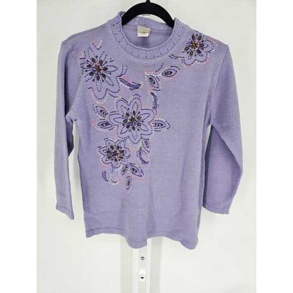 Adrian Delfield Women's Purple Rhinestone Long Sleeve Crew Neck Sweater Size S - Picture 1 of 5